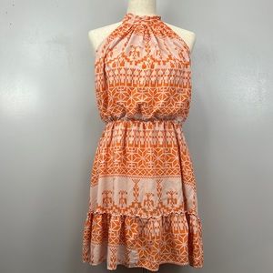 BTFBM Orange and White Aztec Shapes Halter Dress